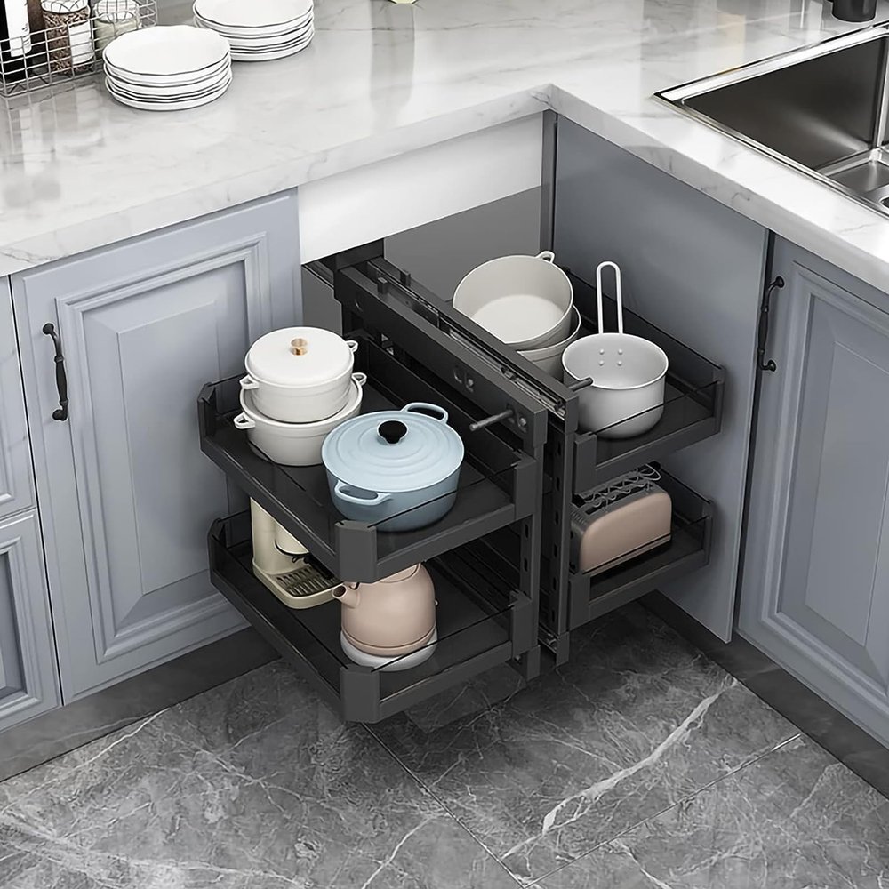 JJHYTRP Blind Corner Cabinet Pull Out Organizer, 2 Tier 4 Shelf Chrome Blind Corner Soft Close, Corner Kitchen Cabinet Pull Out Storage Rack Shelf