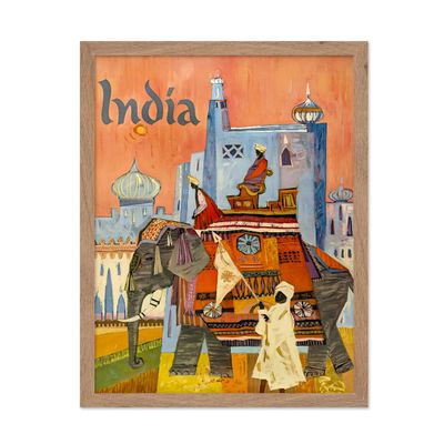 Poster Master Vintage Travel Poster - Retro India Print - Elephant Art - Gift for Him, Her, Travel Lover - Colorful Wall Decor for Home, Office, Bedroom, Living Room, 8x10 Beige Framed