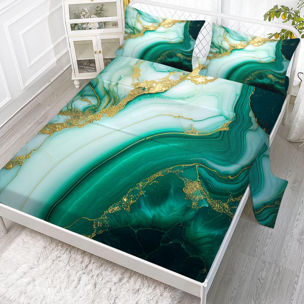 EDGZKO Sheet Set Green Marble: Full Size Emerald Green Bed Sheets for Teen Girls Adults Abstract Turquoise Gold Marbling 4PC Bedding Sets 1 Fitted Sheet & 1 Flat Sheet & 2 Pillowcases