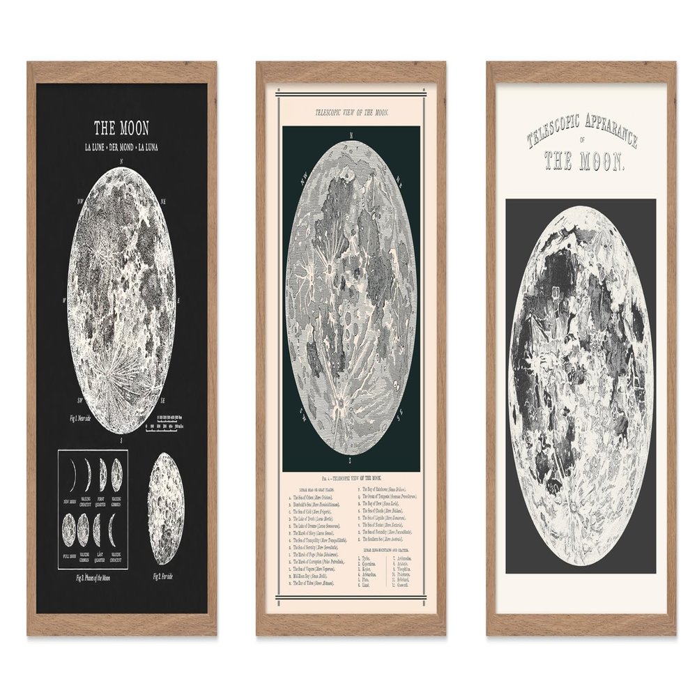 Poster Master 3-Piece Moon Wall Art Set - Lunar Home Decor, Astrological Room Decoration Poster, Black & White Moon Design, Gift for Planetary Astrology Fans, 16x20 Beige Framed