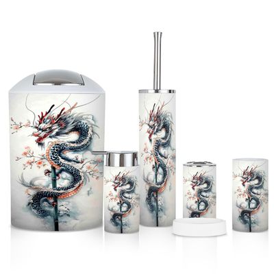 6 Piece Bathroom Accessories Set Dragon Bamboo Blossoms Trash can Toilet Brush Holder Toothbrush Holder Toothbrush Cup Soap Dispenser Soap Dish for Home