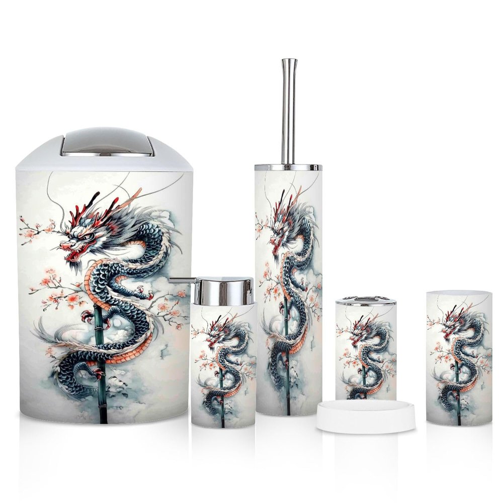 6 Piece Bathroom Accessories Set Dragon Bamboo Blossoms Trash can Toilet Brush Holder Toothbrush Holder Toothbrush Cup Soap Dispenser Soap Dish for Home