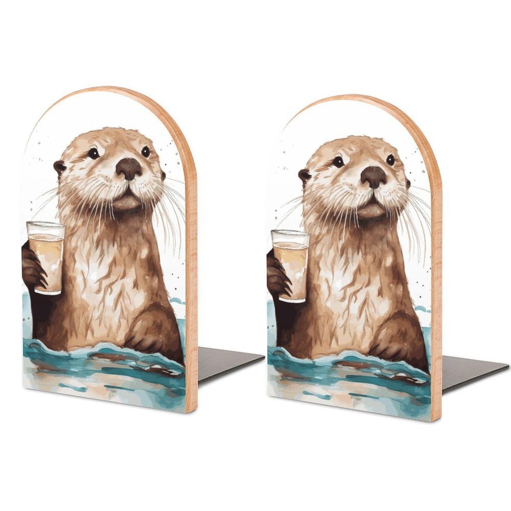 Non-Slip Sea Otterprinted Bookends,Book Stand for CDs,Muso Wood Book Ends for Shelves,Bookends 1 Pair, Book Ends for Heavy Books, Book Shelf Holder for Home Office