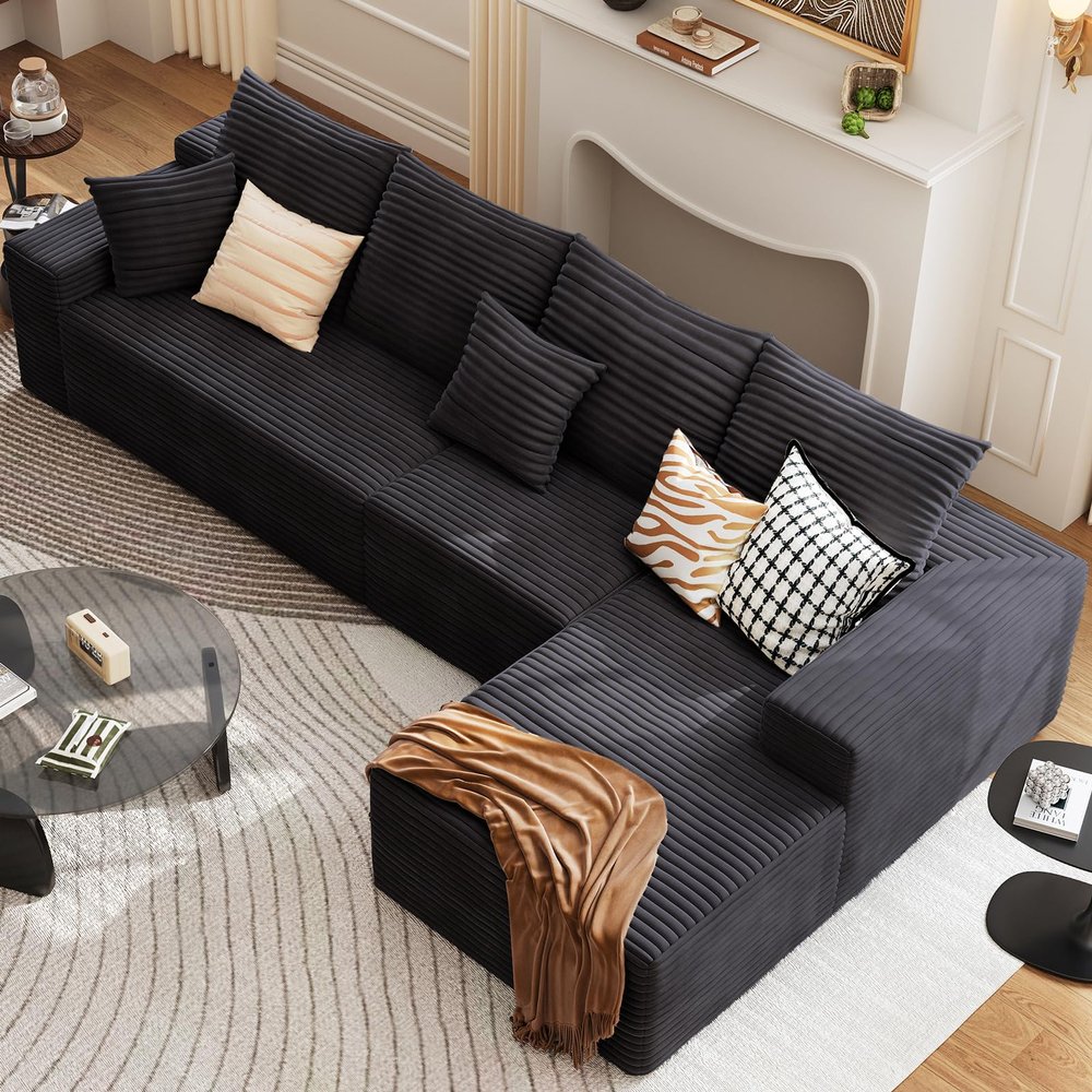 135.4" Corduroy L-Shaped Cloud Couch with Pillows, Modular Sectional Sofa with Chaise, Comfy 4-Seater Sofa with Deep-Seat for Living Room, No Assembly Required (Black, Right-Facing Chaise)