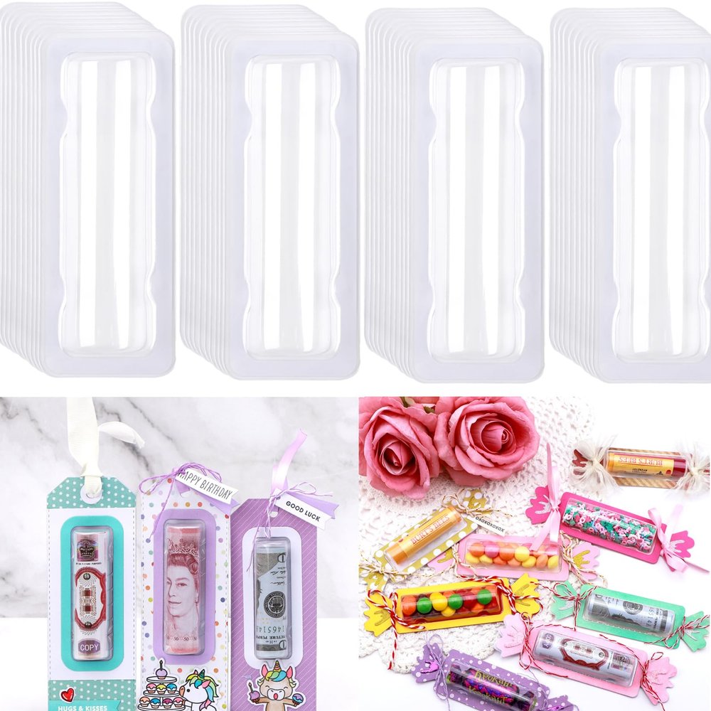 40Pcs Plastic Clear Rectangle Domes Self-Adhesive Lip Balm Pouches Money Holder for DIY Craft Gift Cards Christmas Waterproof Double-Sided Adhesive Domes Cover for Money Holder Ornaments Decor (Small)