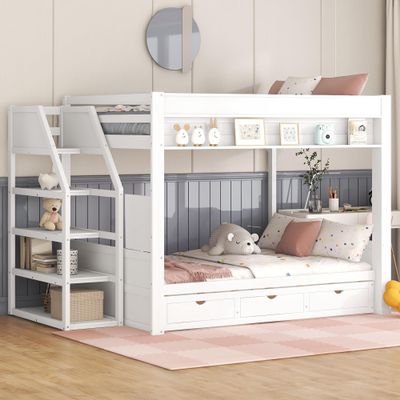 Duxelifin Wood Full Size Bunk Bed with Storage Stairway,Full Over Full Bunk Beds with Bedside Table and 3 Drawers, Bunk Bed with Converted into Daybed,No Box Springs Needed,White