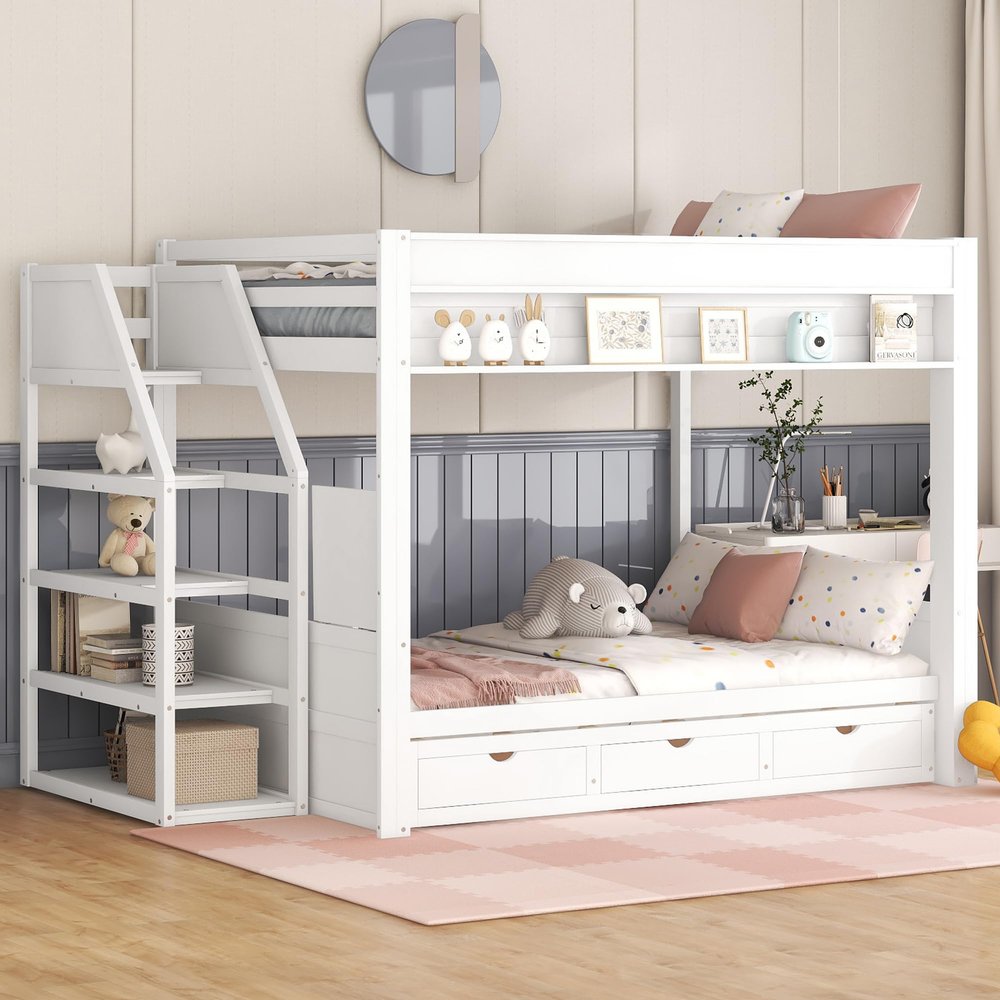 Duxelifin Wood Full Size Bunk Bed with Storage Stairway,Full Over Full Bunk Beds with Bedside Table and 3 Drawers, Bunk Bed with Converted into Daybed,No Box Springs Needed,White