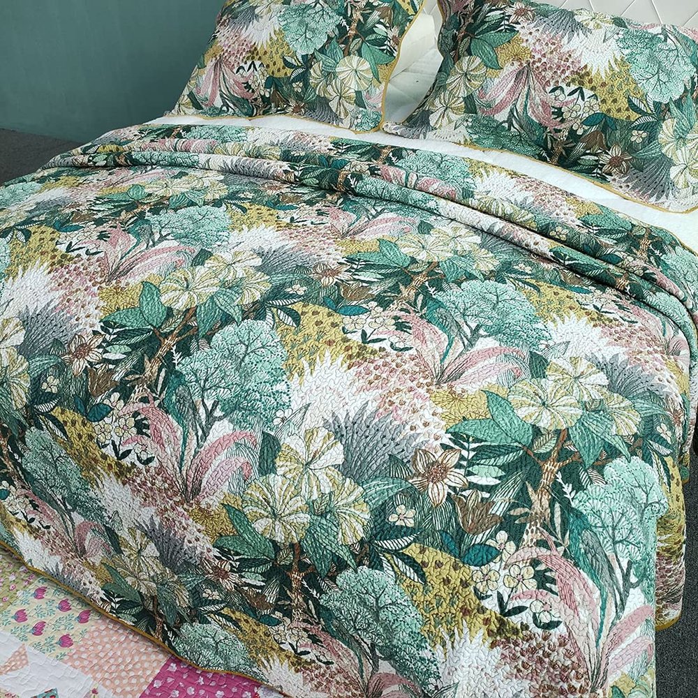 3 Piece Boho Floral Cotton Quilted Bedspread Quilt Set Queen Size Lightweight Coverlet Comforter 1 Quilt and 2 Pillow Shams (Yellow,Queen),Bed