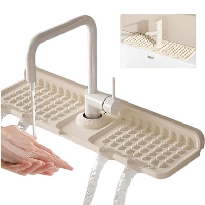 16.34 inch*5.51inch Silicone Faucet Drain Mat - Food Grade Drip Catcher Tray, Quick Drying Splash Guard for Kitchen and Bathroom, Anti-Slip Water Catcher, Silicone Sink mat (2, Beige)