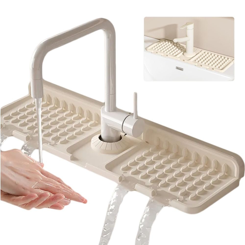 16.34 inch*5.51inch Silicone Faucet Drain Mat - Food Grade Drip Catcher Tray, Quick Drying Splash Guard for Kitchen and Bathroom, Anti-Slip Water Catcher, Silicone Sink mat (2, Beige)