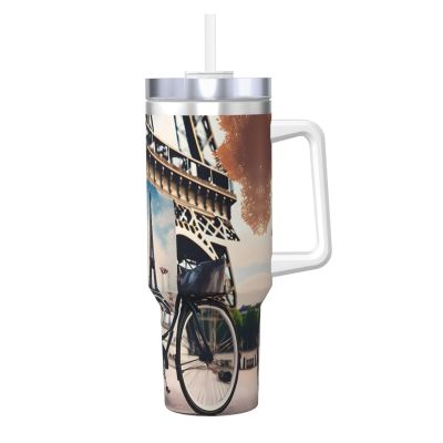 SamLng 40OZ Romantic Paris Eiffel Tower Bycicle Print Ice Bully With Handle - Portable for Hot & Cold Drinks, Travel, Gym, Home, and Outdoor Activities