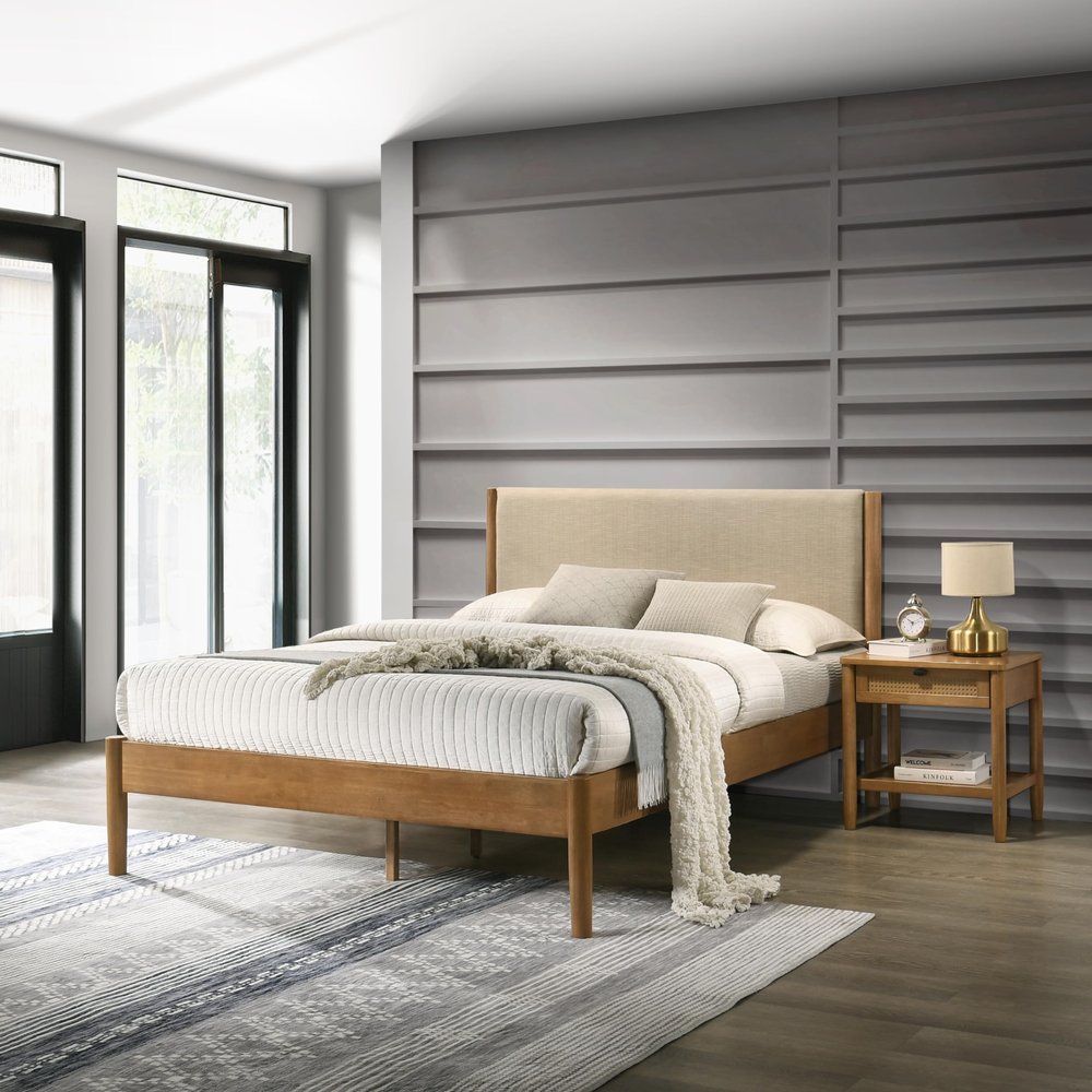2-Piece Rubberwood Bedroom Set, Platform Bed + Nightstand, Queen, Beige Upholstered Headboard, Modern Mid-Century Style