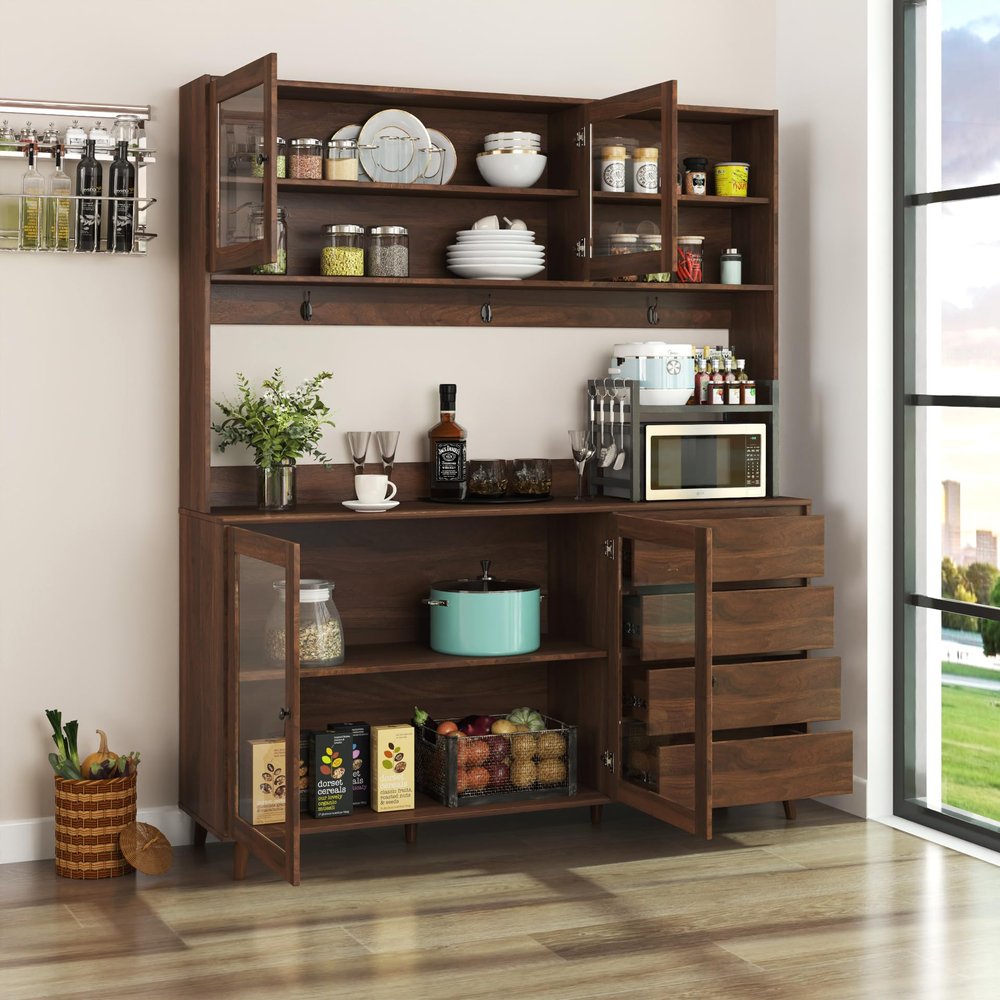 63" W Large Kitchen Hutch Cabinet - Freestanding Pantry Storage Cupboard with 4 Doors, 4 Drawers, Microwave Shelf, and Multi-Functional Organization Solutions for Kitchen, Office, or Garage (Walnut)
