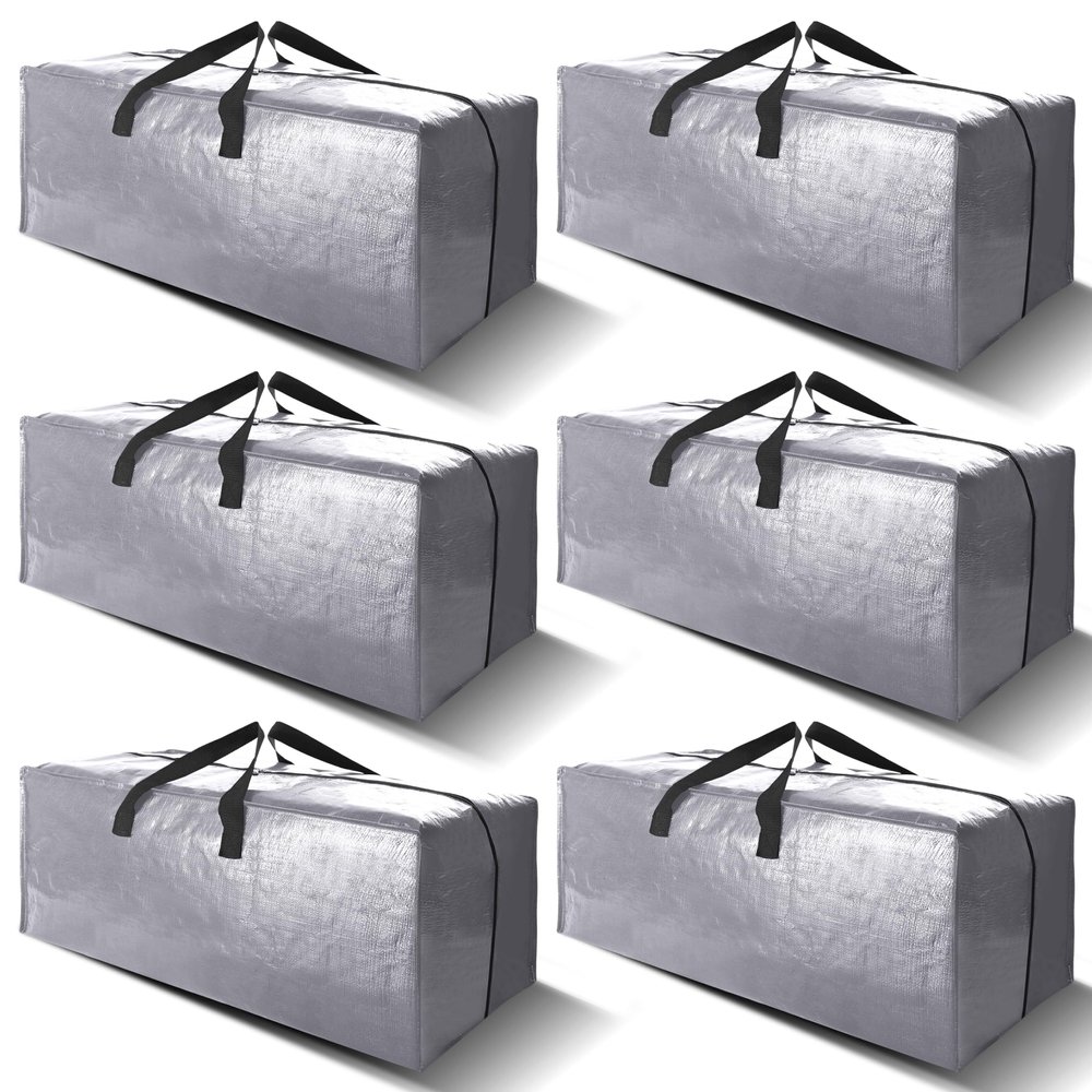 6 Pack Heavy Duty Extra Large Moving Bags W/Backpack Straps - Strong Handles & Zippers, Storage Totes For Space Saving, Fold Flat, Alternative to Box and Bin (40 gal, Silver)