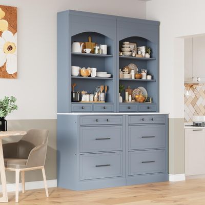 83.7inch High Kitchen Pantry, Wood Freestanding Tall Kitchen Hutch with 5 Storage Drawers and Adjustable Shelf, Display Cupboard Cabinet with Faux Marble Top for Dining Room, Set of 2 (2, Gray-TA1)