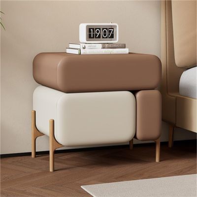 3-Drawers Creative Partition Nightstand Rounded Corners Leather Finish Bedside Table Modern Storage Cabinet Minimalist Wood End Table for Home Living Room Study(Brown,45x40x50 cm)