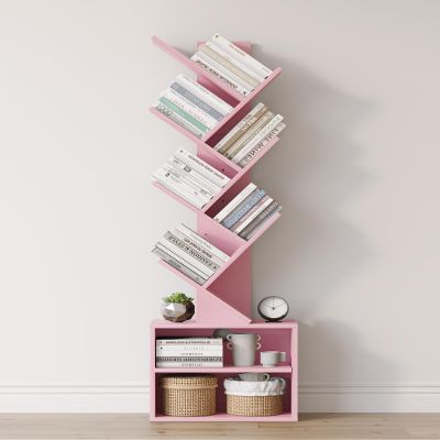 SUNMORY 6 Tier Tree Bookshelf, Small Bookcase with Storage Cabinet, Modern Tall Narrow Bookshelves Organizer, Floor Standing Book Shelf for Bedroom/Living Room/Home Office/Corner, Pink