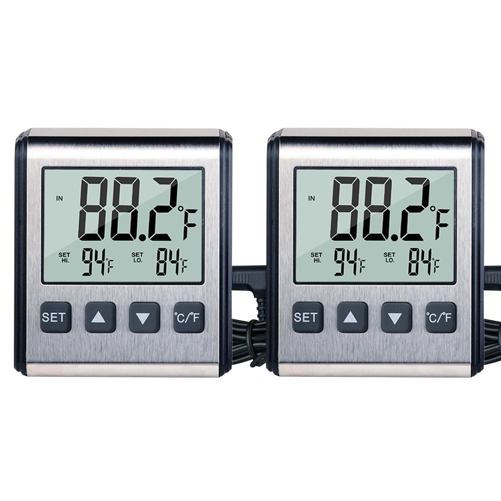 Digital Refrigerator Thermometer Alarm 2pack Freezer Thermometer with Large LCD Display, Includes Stand, Magnetic Backing Plate, and Probe Cable for Rooms, Kitchen refrigerators,Crawler,Aquariums.
