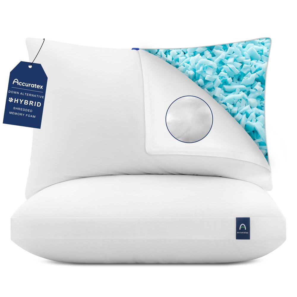 ACCURATEX Hybrid Pillow for Sleeping, Adjustable Shredded Memory Foam Pillow Core with Fluffy Down Alternative Fill Removable Cotton Cover,for Side,Back,Stomach Sleepers,Standard Size