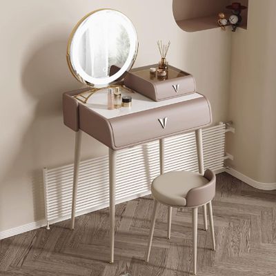 GUQASDV Makeup Vanity with Lights, Vanity Table with Drawers, Dressing Table with 3-Color Lighting, Makeup Desk Wood + Slate for Makeup Room(Dark Brown,600x465x795mm)