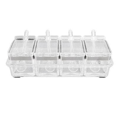 4 Cell Clear Seasoning Rack, Seasoning Storage Container Condiment Jars, Seasoning Rack Pots Sugar Cruet with Cover and Spoon