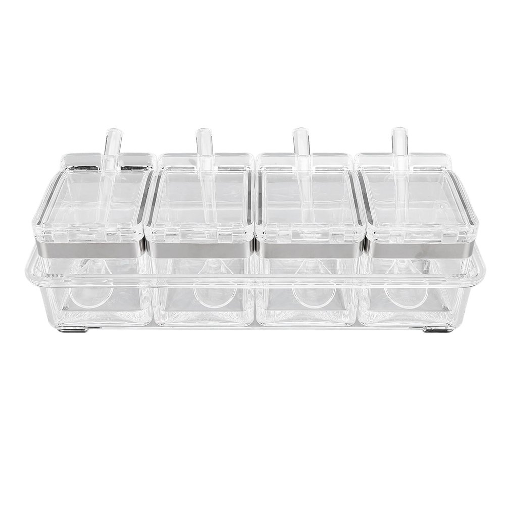 4 Cell Clear Seasoning Rack, Seasoning Storage Container Condiment Jars, Seasoning Rack Pots Sugar Cruet with Cover and Spoon