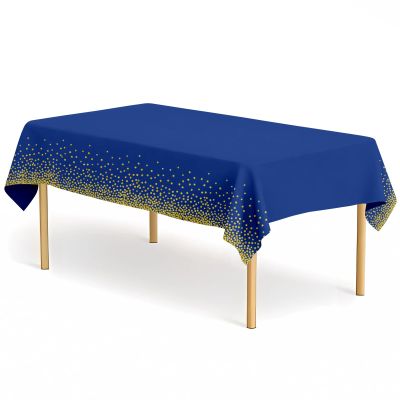 CINSOEN 12 Pack Navy Blue and Gold Dot Tablecloth 54 x 108 Inch Rectangle Table Covers PEVA Navy Blue Plastic Table Cloths for Parties Disposable Tablecloth for Graduation Birthday Party School