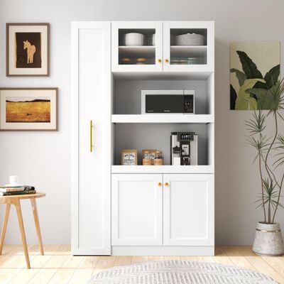 GFDGFD Kitchen Pantry Cabinet with Multi-Functional Pull-Out Multi-Tier Storage Shelf,Farmhouse Storage Cabinet with 4 Doors,Pantry Organizers for Kitchen,Dining Room(White)