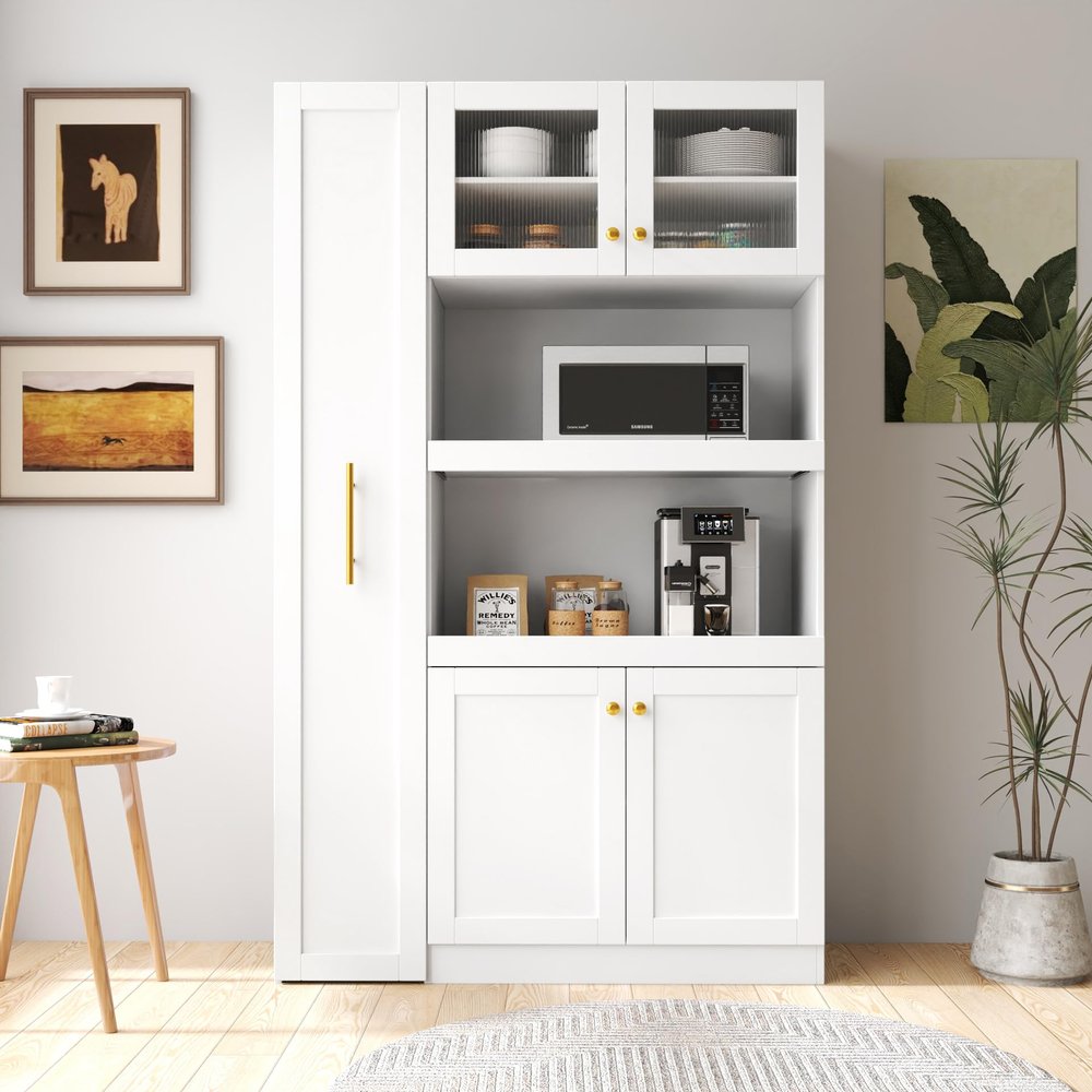 GFDGFD Kitchen Pantry Cabinet with Multi-Functional Pull-Out Multi-Tier Storage Shelf,Farmhouse Storage Cabinet with 4 Doors,Pantry Organizers for Kitchen,Dining Room(White)
