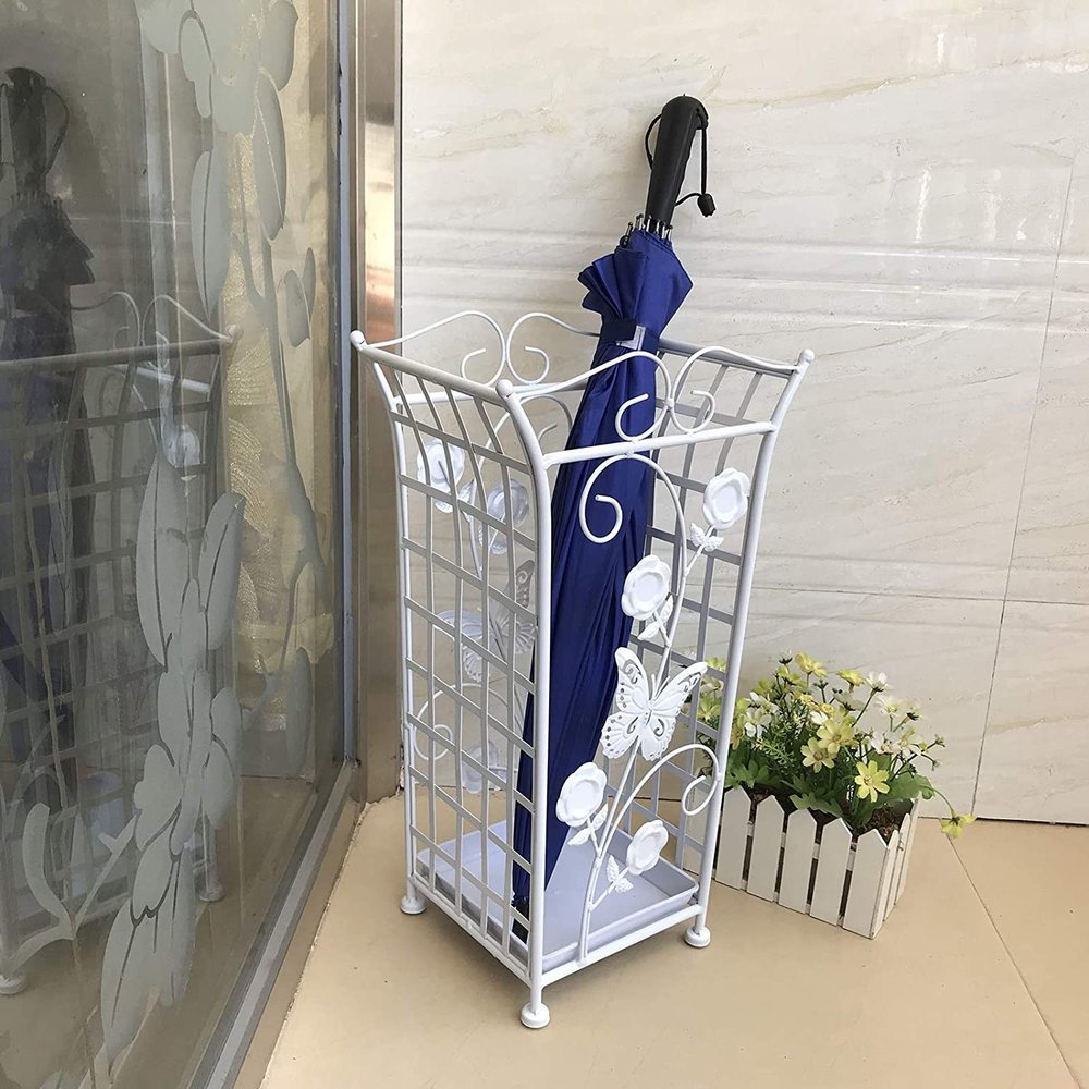 MHJKHG Umbrella Holder Umbrella Rack Umbrella Stand Metal Umbrella Stand, Freestanding Organizers Rack for Storage Canes Umbrellas, Entryway Hallway Holder with Drip Tray Umbrel,Blanc 30 x 22 x 52cm