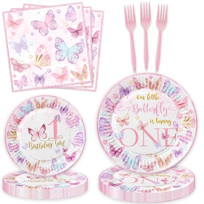 Butterfly First Birthday Decorations Girl Pink Our Little Butterfly is Turning One Paper Plates Napkins Forks Tableware for Spring Butterfly Girls One-Year-Old Birthday Party Supplies Decorations