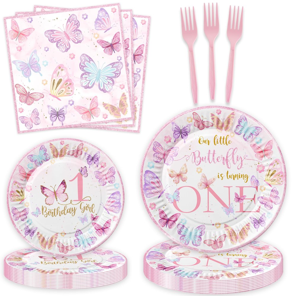 Butterfly First Birthday Decorations Girl Pink Our Little Butterfly is Turning One Paper Plates Napkins Forks Tableware for Spring Butterfly Girls One-Year-Old Birthday Party Supplies Decorations