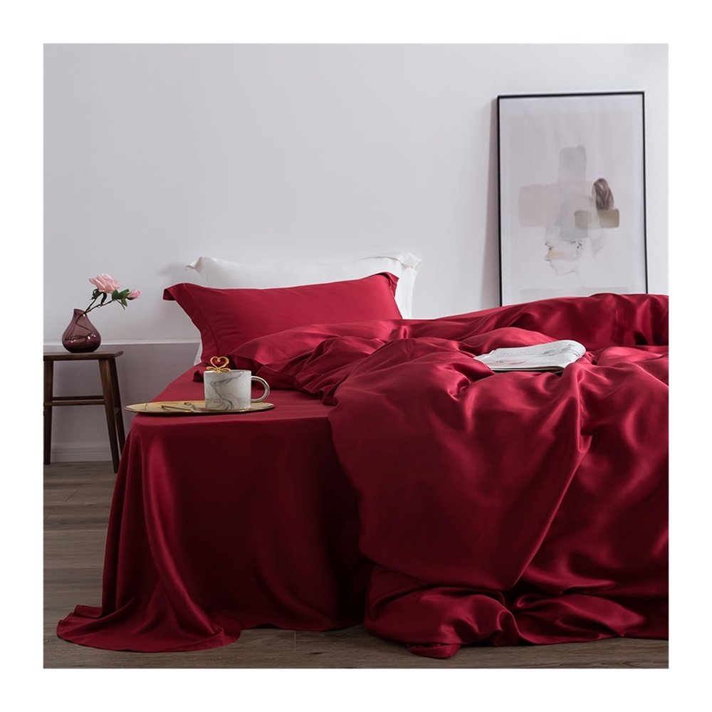 Duvet Cover Sets, 100% Silk Green Bedding Set 25 Momme Silk Bed Sheets Beauty Quilt Cover Set Pillowcase Queen King Bed Set(Red,Queen)