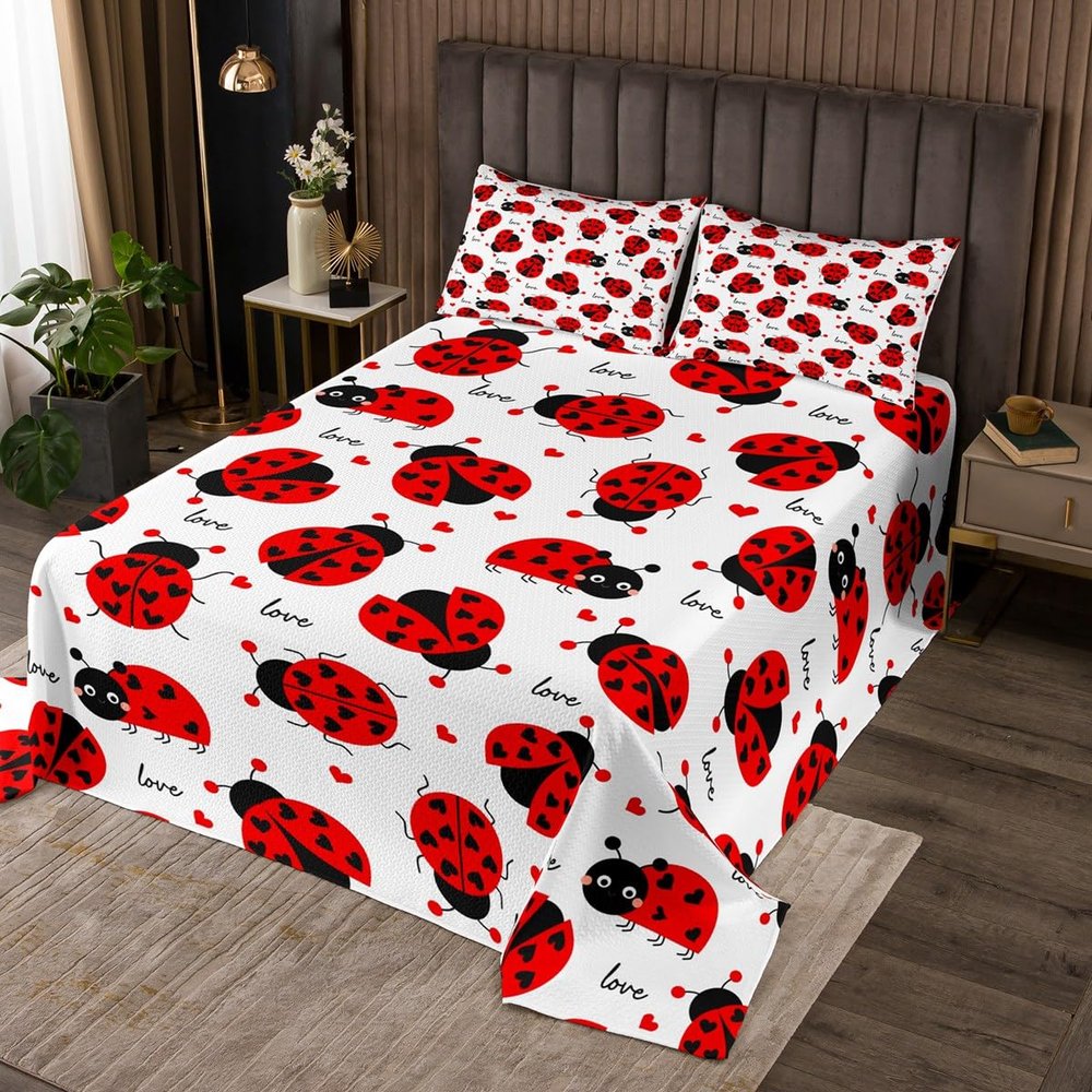 3 Piece Red Ladybug Quilt Bedding Set Women Aldult Lightweight Bedding Black Polka Dots Bedspread Set Romantic Love Bedspread Coverlet Soft Microfiber Home Quilt Set for King Bed All Season