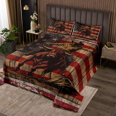 Manfei Cowboy Bedspread Twin Size, American Flag Coverlet Set, Western American Cattle Quilted Coverlet with 1 Pillowcase, Kids Boys Teens Room Decor, Soft Polyester Bedding Quilt