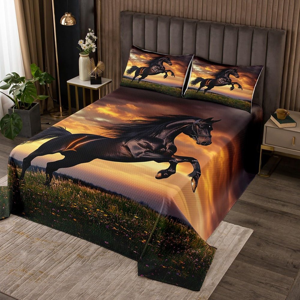jejeloiu Horse Coverlet Set King Size Kids Galloping Horse Quilted Coverlet for Boys Girls Farm Frmhouse Bedspread Nature Quilted Room Decorations