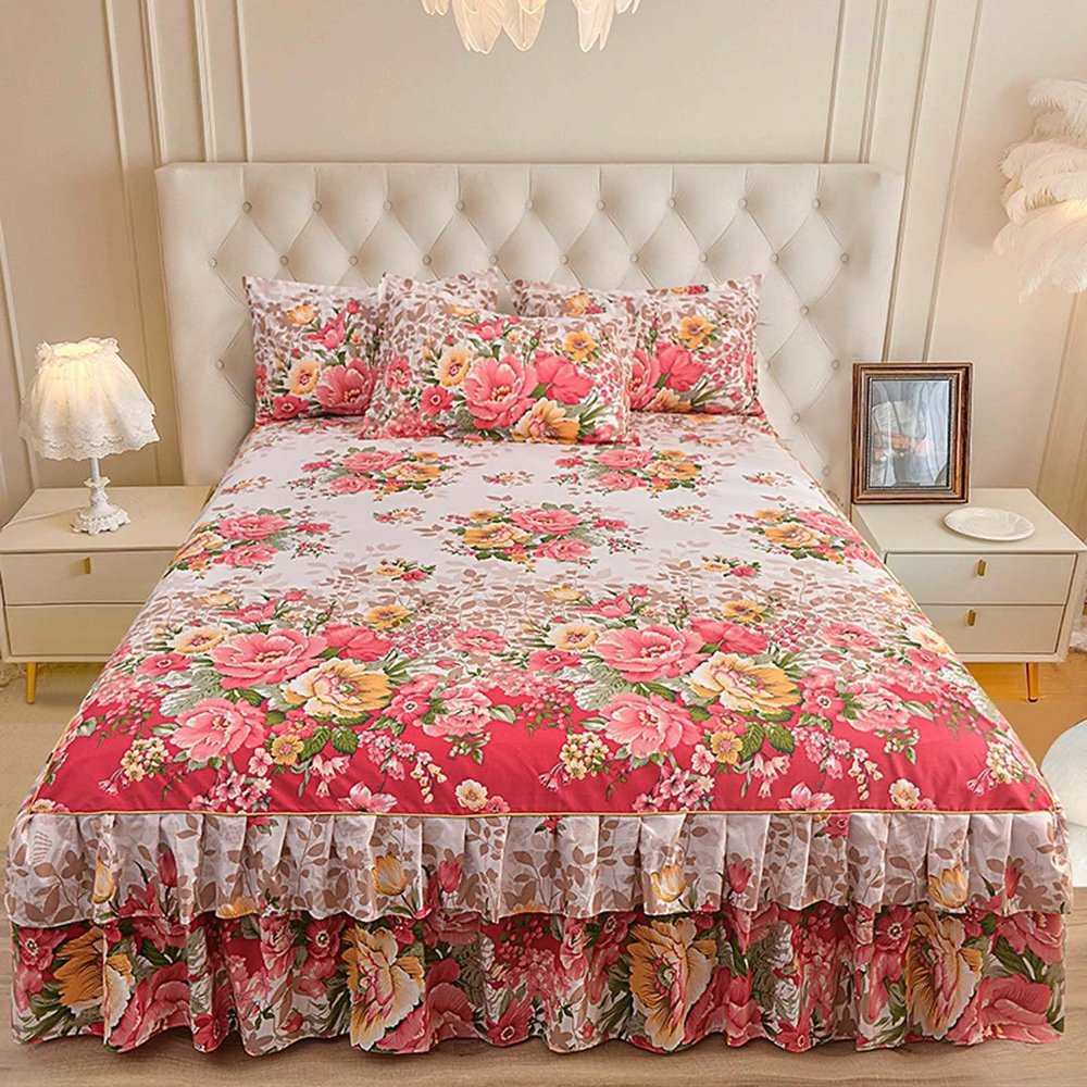 HXQSL Bed Skirt Bedspread, Ruffled Bedspread Sheet, Wrap Around Fitted Sheet, Coverlet, with 2 Pillowcases, for Bedroom All Season, 3pc(H,120x200cm)