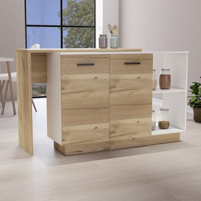 Kitchen Island, Double Door Cabinets, Two External Shelves, Three Shelves, White/Light Oak