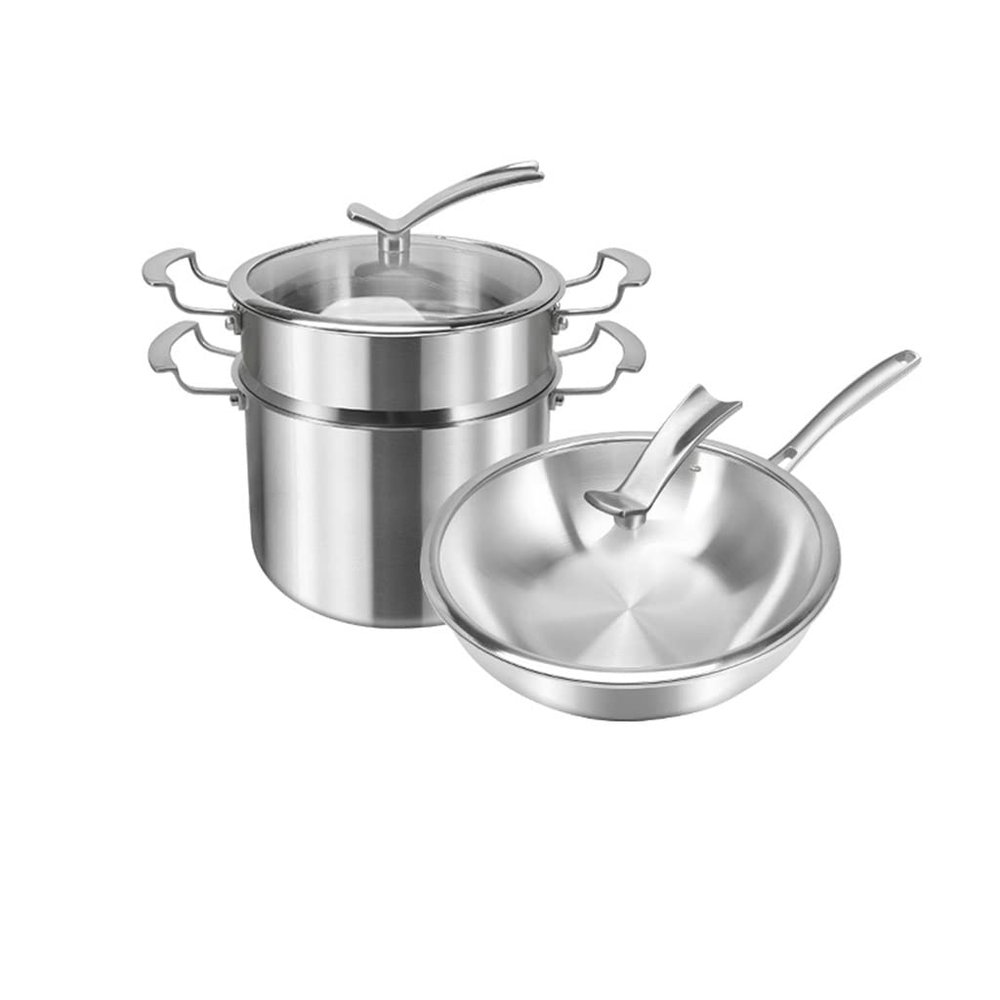 NSUQOA JSEIAJB 316 Stainless Steel Pot Set Household Kitchen Non-Stick Frying Pan + Steamer Set Combination Kitchen Utensils