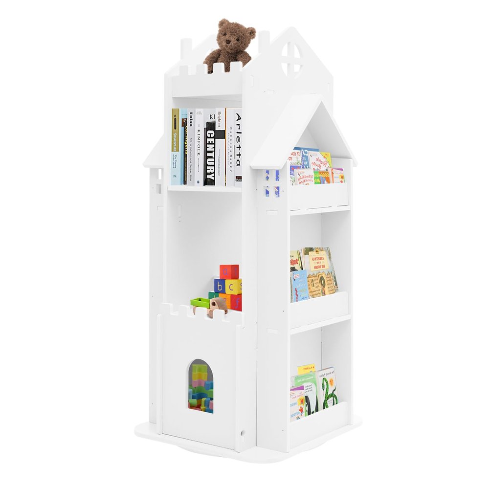 banborba Rotating Bookshelf, 360 Display Floor Standing Bookcase Storage Rack, Multi-Functional Revolving Bookcase, Small Corner Bookshelf for Small Space, Spinning Bookcase for Kids & Adults (White)