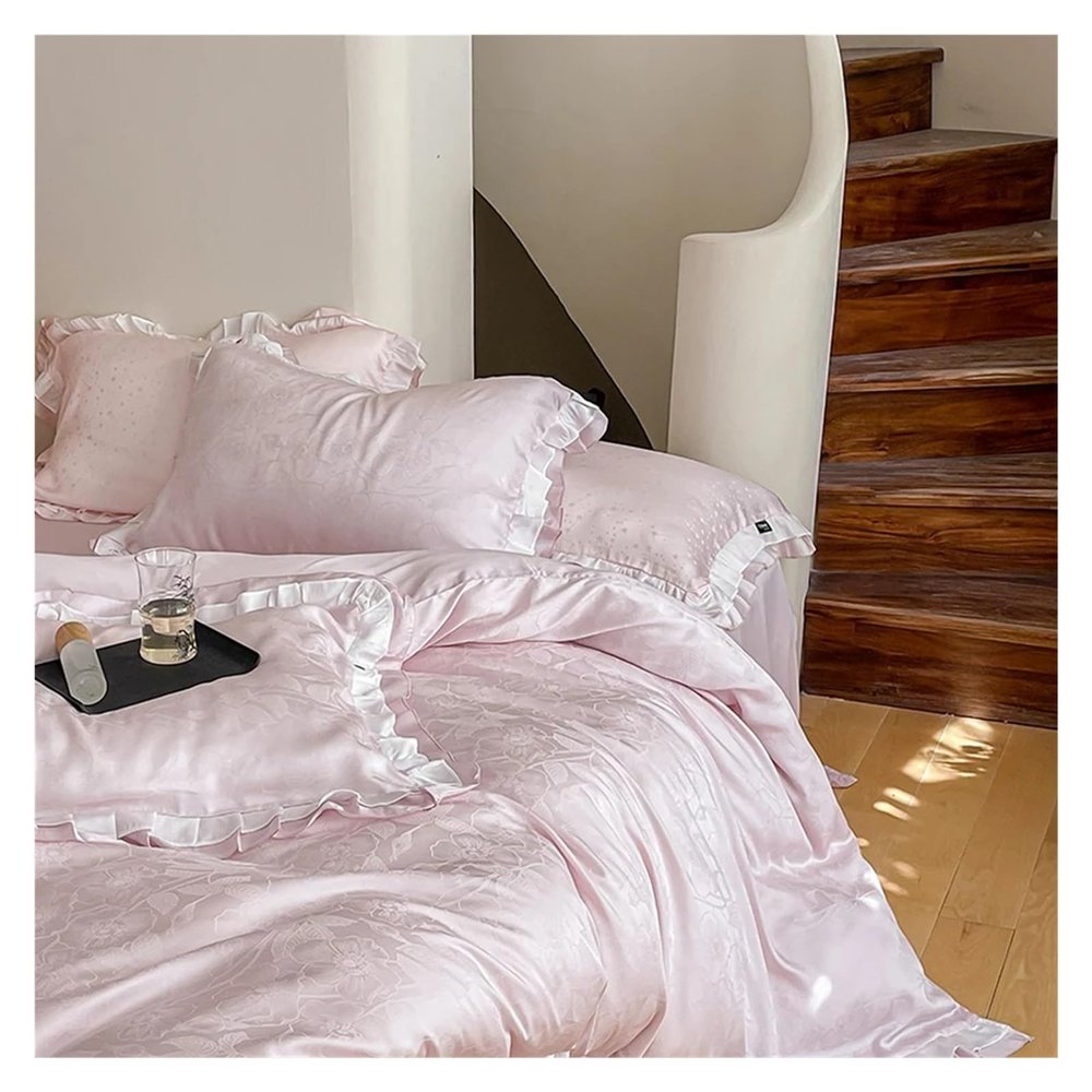 Duvet Cover Sets, Pink Natural Fibre Soft Silky Princess Bedding Set Ruffles Duvet Cover Set Bed Sheet Or Fitted Sheet Pillowcase(B,Fitted King Size 4pcs)