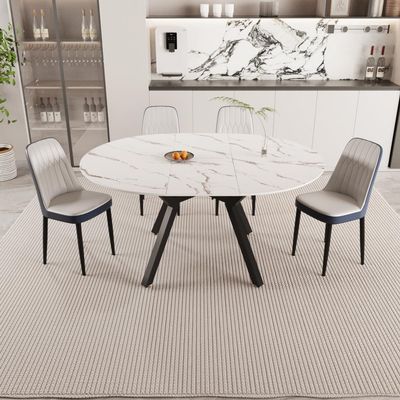 47-63" Expandable Circular Dining Tables, Equipped with 4 PU Fabric Thick Cushioned Dining Chairs and an Elegant and Spacious Dining Table, Kitchen Table and Chair, with Black Metal Legs