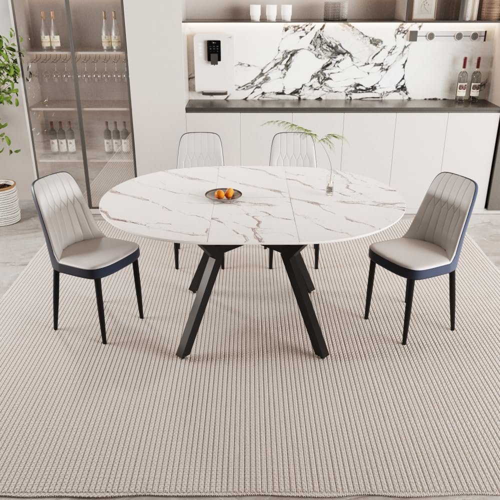 47-63" Expandable Circular Dining Tables, Equipped with 4 PU Fabric Thick Cushioned Dining Chairs and an Elegant and Spacious Dining Table, Kitchen Table and Chair, with Black Metal Legs
