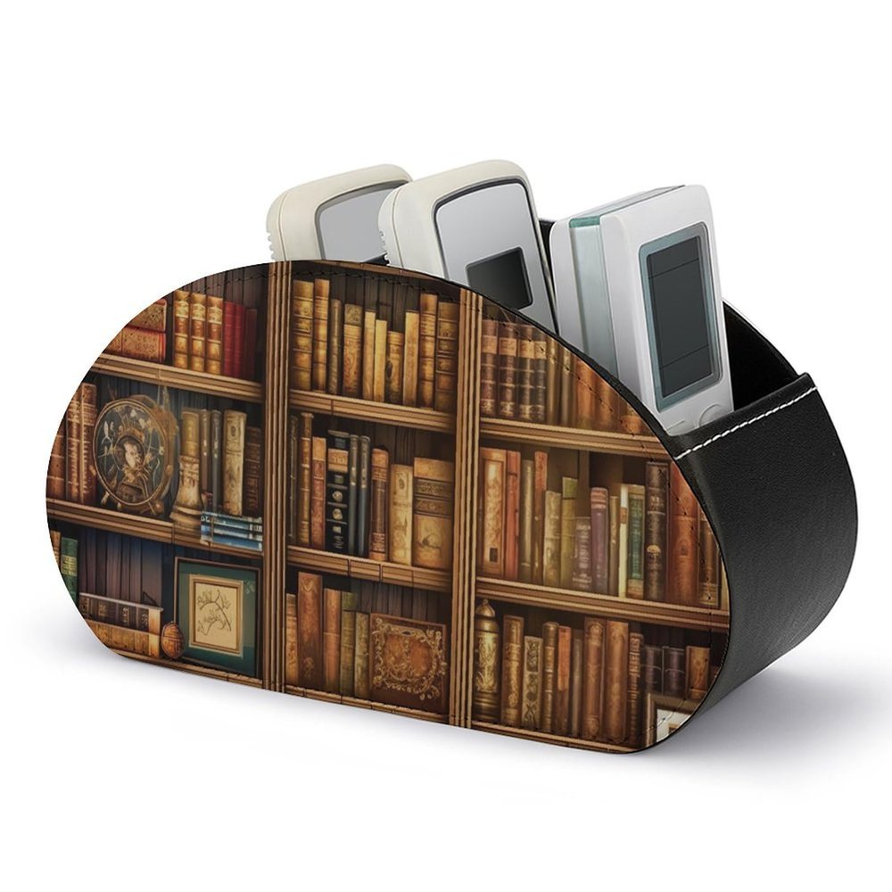 Library Bookshelf Book Remote Control Holder with 5 Compartments Modern PU Leather Nightstand Caddy Organizer Leather Control Storage TV Remote Control Organizer Box