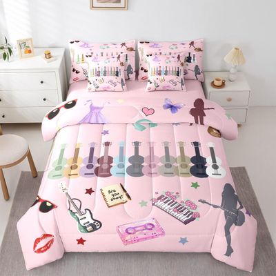 Erosebridal Music Fans Guitar Comforter Set Queen Music Themed Bedding Sets 7 Piece Singer Fans Pink Bed in A Bag for Kids Girls Women Fashion Birthday Valentines Day Gift Sheet Set with Comforter