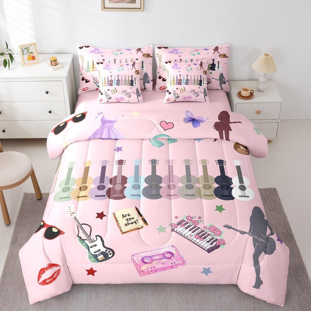 Erosebridal Music Fans Guitar Comforter Set Queen Music Themed Bedding Sets 7 Piece Singer Fans Pink Bed in A Bag for Kids Girls Women Fashion Birthday Valentines Day Gift Sheet Set with Comforter