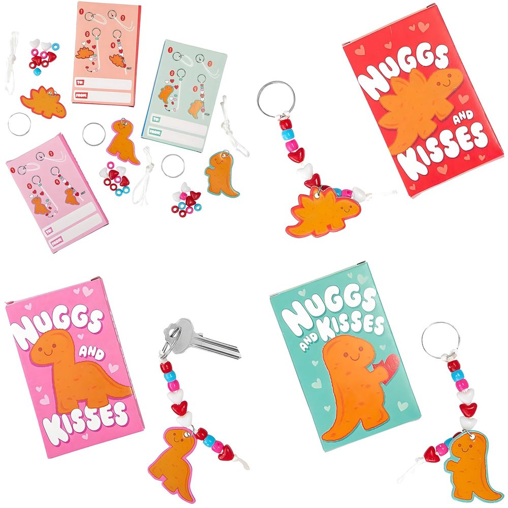 Fun Express Dinosaur Nugget Keychain Craft Kit - Set of 24 - Assorted Valentine Exchange with Box, Perfect for Classroom Parties