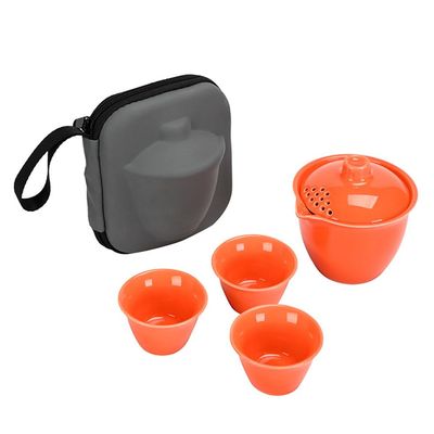 Liang baobao Gaiwan with 3 Cups Travel Tea Set Organizer Porcelain Teacups Chinese Tea Cups Portable Tea Set Camping Outdoor (Orange)