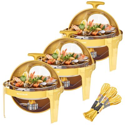 Roomark 6QT Round Chafing Dish Buffet Set-3 Packs, Roll Top Gold Chafing Dishes for Buffet, Chafer and Buffet Warmers Set with Thick Frame for Catering Party Wedding