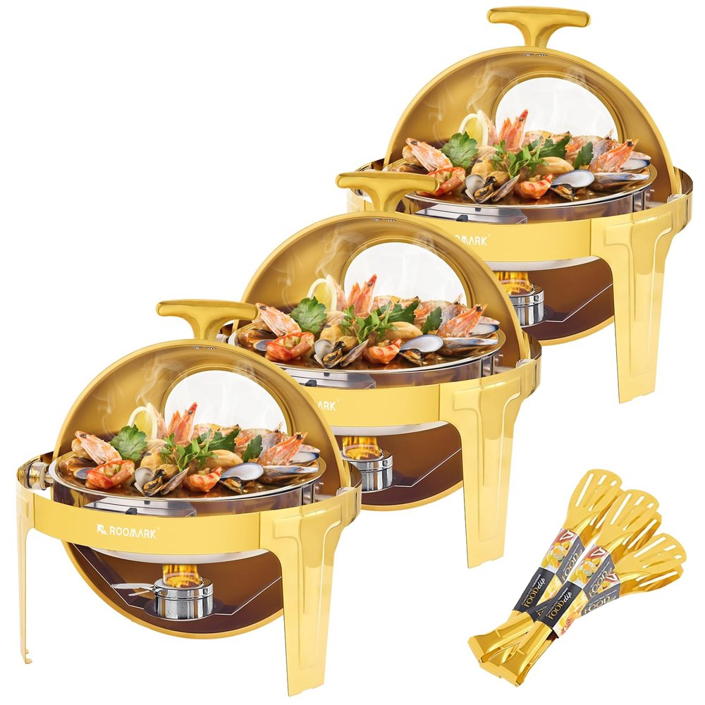 Roomark 6QT Round Chafing Dish Buffet Set-3 Packs, Roll Top Gold Chafing Dishes for Buffet, Chafer and Buffet Warmers Set with Thick Frame for Catering Party Wedding